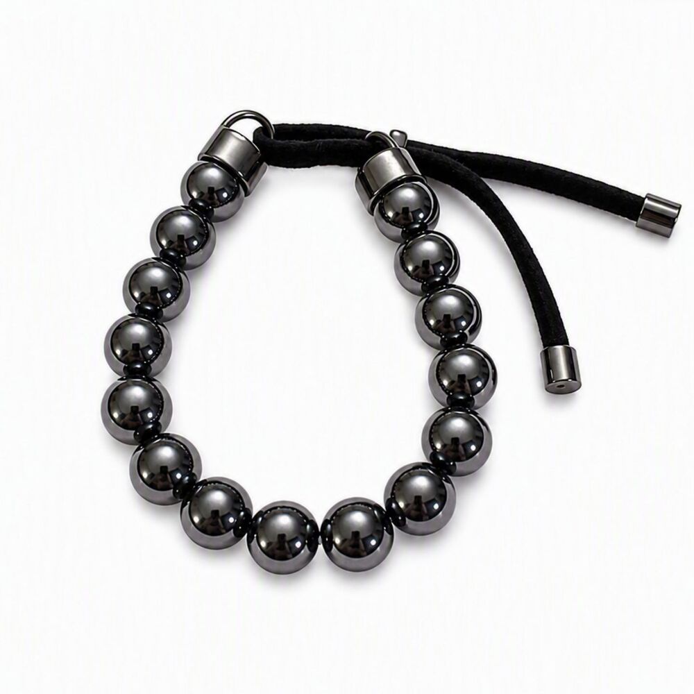 Crown Hallmarked Metallic Gray Gunmetal Tone Beaded Slider Bracelet Adjustable